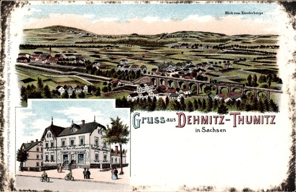 Litho Dehmitz Thumitz in Sachsen, Panorama vom Klosterberg aus, Klemptnerei f. Leitung