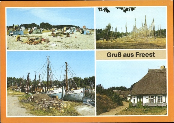 Postcard Freest Kröslin in Western Pomerania, beach, fish traps, harbor, the corner
