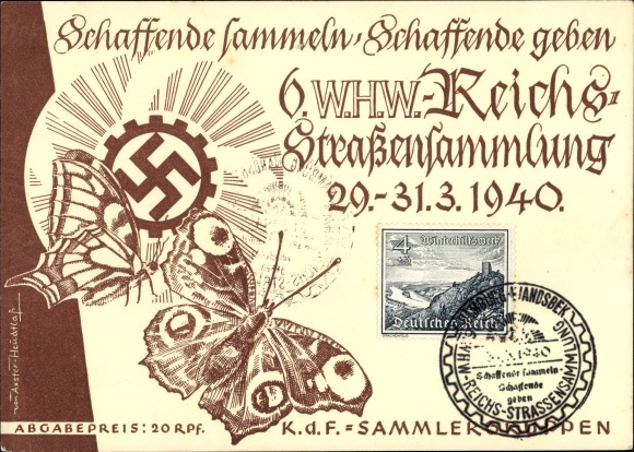 Artist PC Axster Heudtlaß, 6th WHW Reich Road Collection 1940, KdF collector groups, butterfly