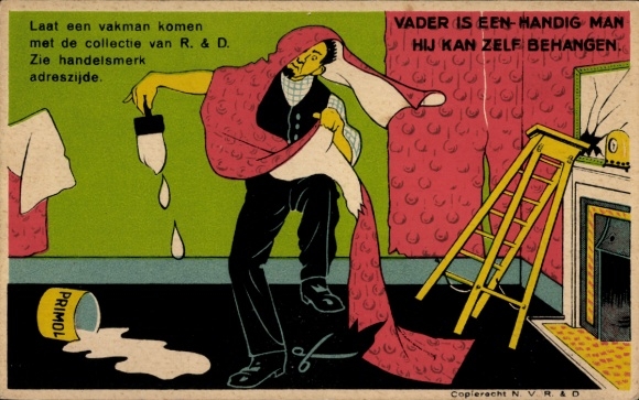 Postcard Man wallpapering walls, pot with glue, brush