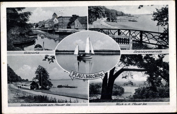 Postcard Plau am See, Eldepartie, beach promenade, Plauer See, sailing boat