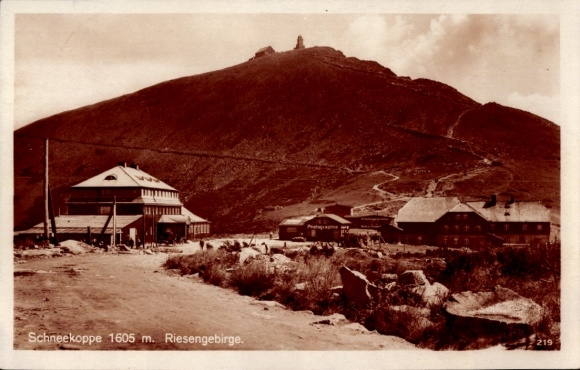 Postcard Pec pod Sněžkou Giant Mountains Reg. Königgrätz, Sněžka, mountains, building, path,