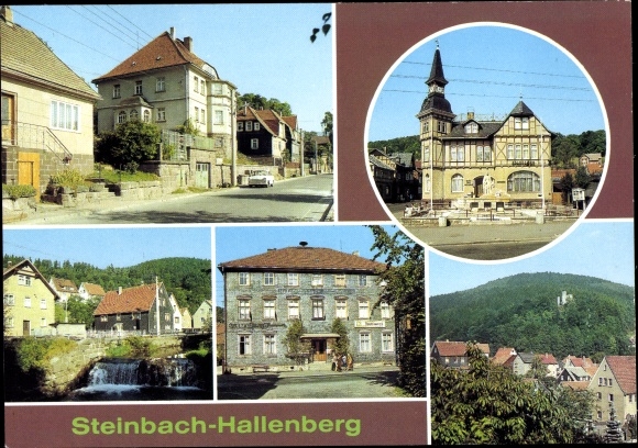 Postcard Steinbach Hallenberg in the Thuringian Forest, children's sanatorium, city council, Hallenburg ruins