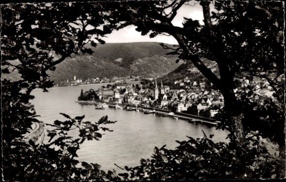 Postcard Boppard am Rhein, view of the Rhine, landscape, trees, black and white photo