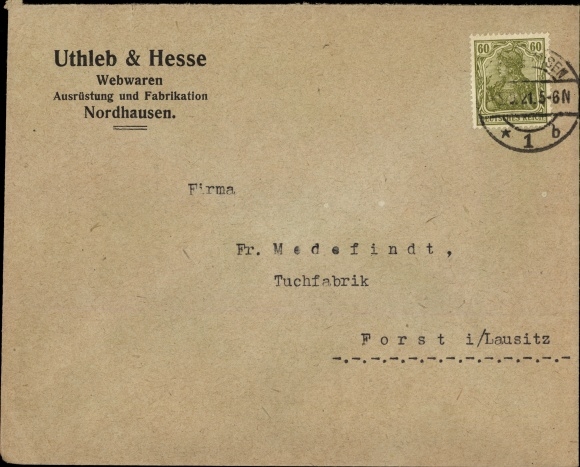 Briefumschlag Nordhausen am Harz, Uthleb & Hesse, Webwaren Ausrüstung und Fabrikation