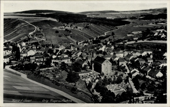 Postcard Konz on the Moselle, aerial photograph of Saar, photographs, compact buildings