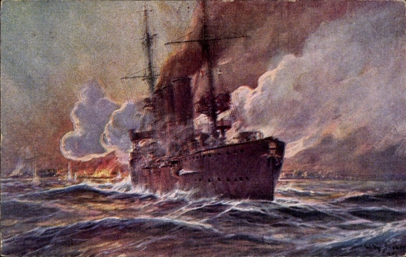 Artist Postcard Stöwer, Willy, SMS Emden bombards Madras, cruiser, Imperial Navy, I. WK