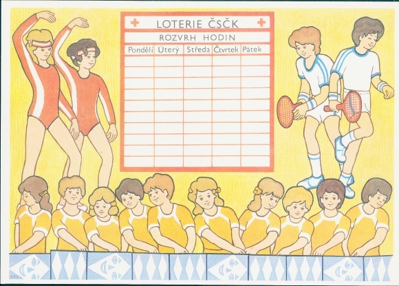 Timetable advertising, lottery, children playing tennis, gymnastics, physical education