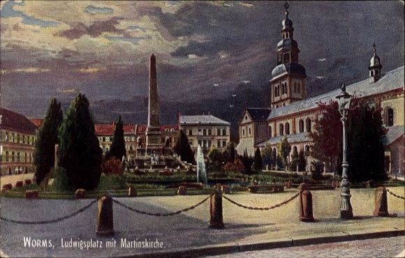 Artist PC Worms am Rhein, Ludwigplatz, Martinskirche, obelisk, WIRO 1949