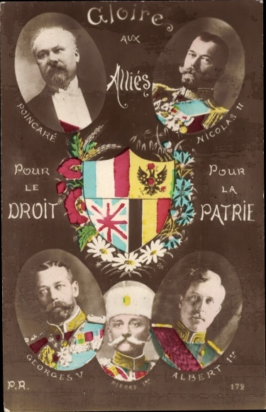 Postcard Entente, Belgien, Serbien, Präsident Poincare, Zar Nikolaus II. king Georg V., Peter I, Albert I