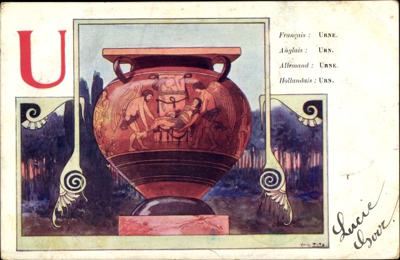 Art Nouveau letters artist PC Titz, Louis, U, urn, painted clay vessel