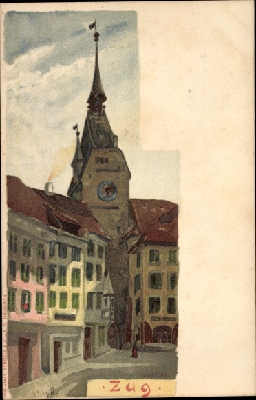 Artysta lito Zug Stadt Szwajcaria, pejzaż miejski, wieża ratuszowa