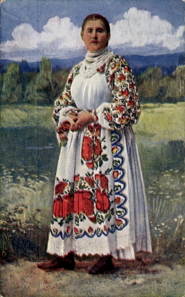 Artist Postcard Croatia, Hrvatska narodna nosnja, Croatian woman in national costume, standing portrait
