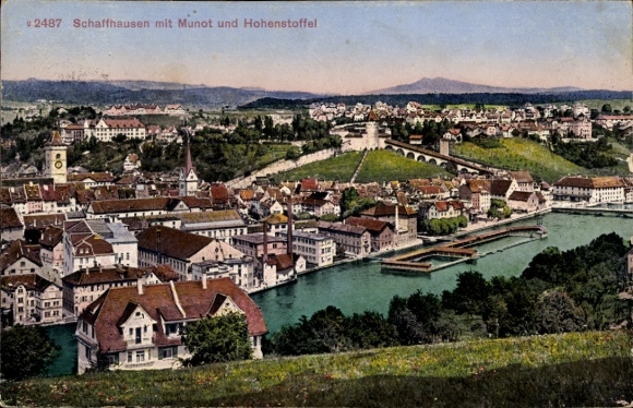 Ak Schaffhausen am Rhein Schweiz, Stadtansicht von  Munot, Hohenstoffel, grüner Fluss