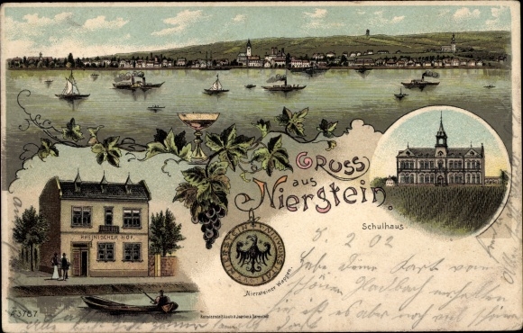 Chromo-Litho Nierstein am Rhein, general view, Rheinischer Hof, school building