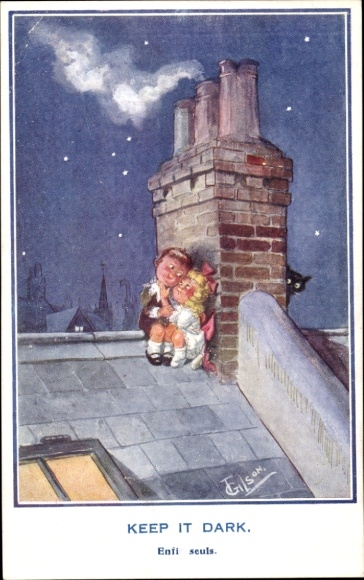 Künstler Ak Grilson, Liebespaar auf dem Dach, Schornstein, Katze