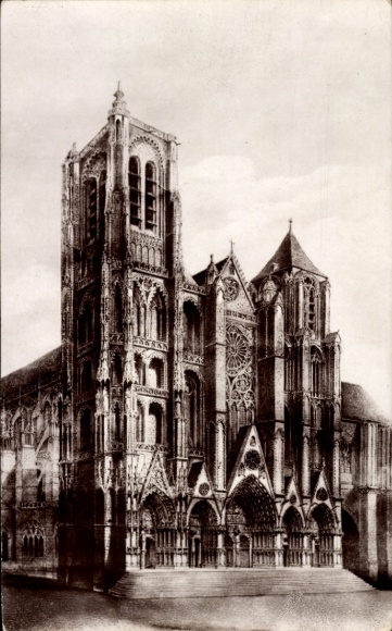 PC Bourges Cher, Cathedral, Facade, Black and White Print, Detailed Architecture