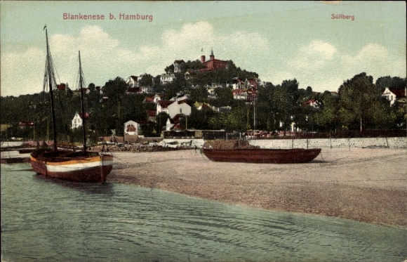 Ak Hamburg Altona Blankenese, Süllberg, Blankenese, Hamburg, Boote am Strand, Wasser, Hügel mit H