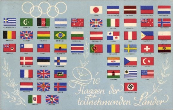 Postcard Olympia Berlin 1936, flags of the participating countries