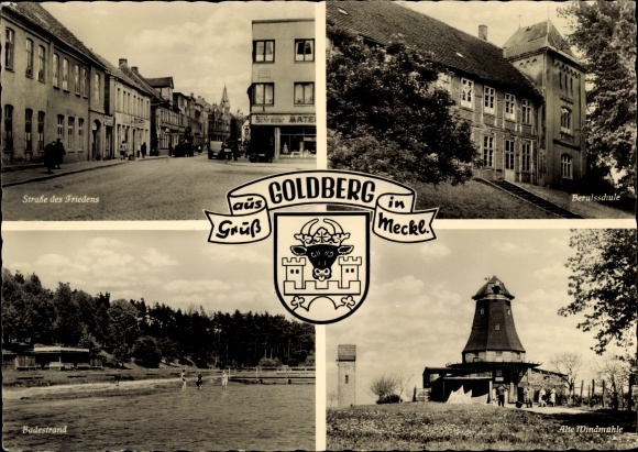 Coat of arms PC Goldberg in Mecklenburg, street of peace, old windmill, bathing beach, vocational school