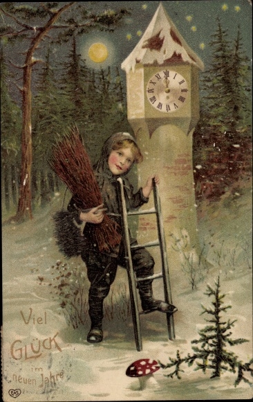 Embossed Postcard Happy New Year, chimney sweep, clock, fly agaric, EAS