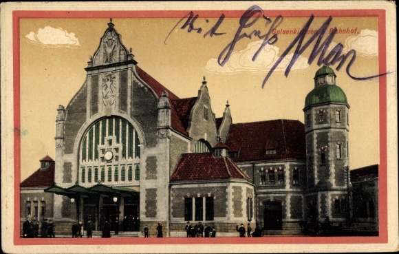 Postcard Gelsenkirchen im Ruhrgebiet, train station, street side