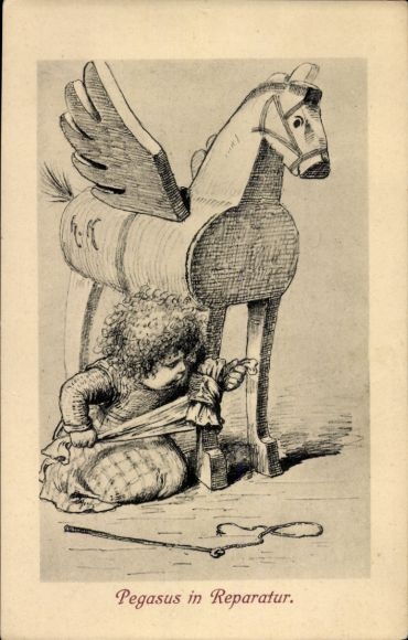 Artysta KP Kaulbach, Hermann, Pegasus w naprawie, koń na biegunach, dziecko