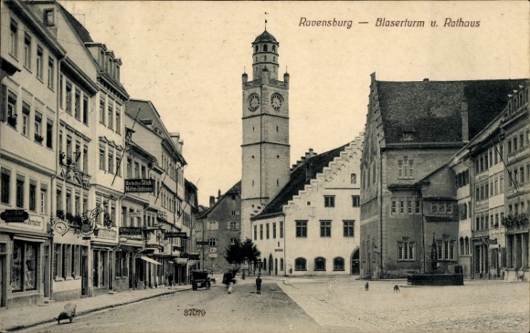 Ak Ravensburg in Württemberg Oberschwaben, Blaserturm, Rathaus