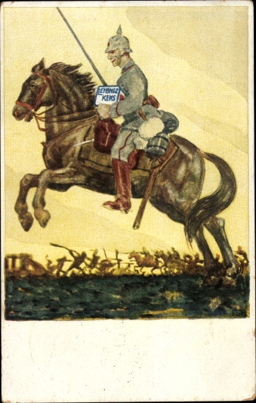 Artist PC Georgi, W., Leibniz Biscuit, advertisement, Bahlsens Biscuit Factory Hanover, rider, soldier, uniform