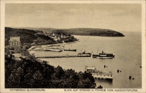 Postcard Glücksburg on the Baltic Sea, Baltic Sea resort, view of the beach, Fohrde from the observation tower