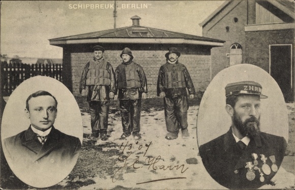 Ak Schipbreuk Berlin, Kapitein Jansen van de Reddingsboot, Van Duyn, K. Ree, J. B. Schoonbeek