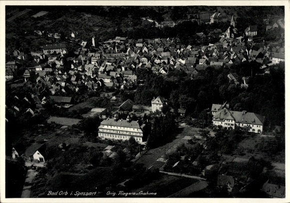 Postcard Bad Orb in Spessart Hesse, aerial view of many houses, rural surroundings