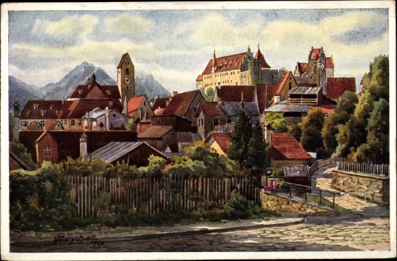 Artist PC Marschall, V., Füssen in the Swabian district of Ostallgäu, place with Aggenstein, Rossberg