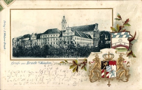 Embossed Coat of Arms Passepartout Postcard Fürstenfeldbruck in Upper Bavaria, Royal Non-Commissioned Officers' School