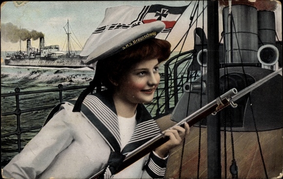 Ak vrouw in zeemansuniform, SMS Braunschweig, keizerlijke marine