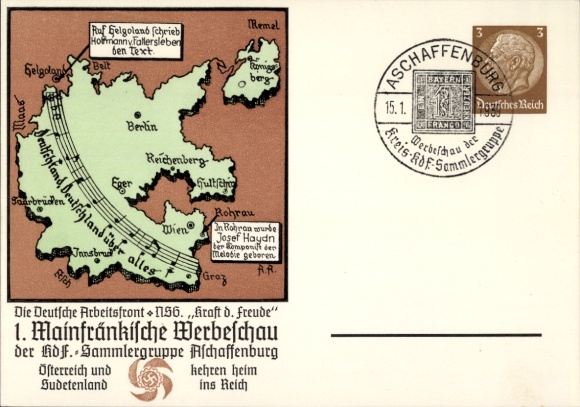 KP z artykułami pocztowymi Aschaffenburg, 1. Mainfränkische Werbeschau 1939, grupa kolekcjonerska KdF, Deutschlandlied