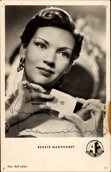 Postcard actress Renate Mannhardt, portrait, autograph, playing card
