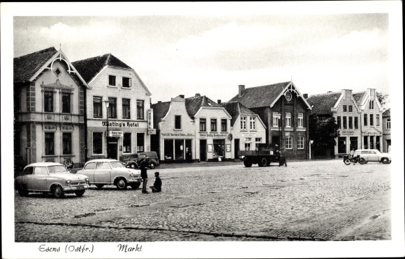 Postcard Esens in Ostfriesland, Market, Wieling&#39;s Hotel, LKW, Autos