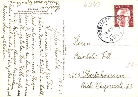 Postcard Breitscheid in Hesse, total view, church, partial views, airfield, stream