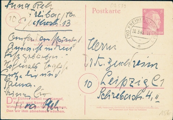 (10)  Freiberg Sachsen 1 / n / 20.03.1945 auf Ganzsache "Der Führer kennt nur Kampf..."