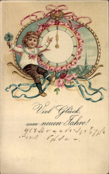 Chromo-Litho Happy New Year, angel, clock