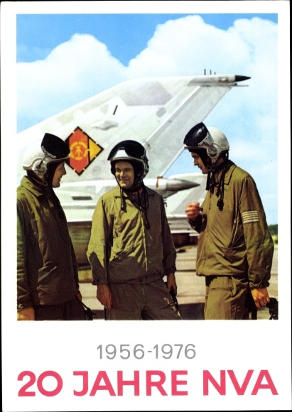 Postcard 20 years NVA 1976, GDR, fighter plane, soldiers in uniforms