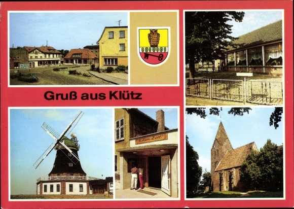 Postcard Klütz in Mecklenburg, coat of arms, windmill, church, HOG Klützer Eck, HOG Zum Zoll