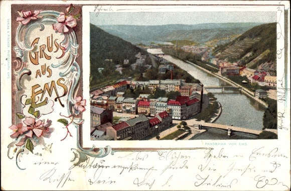 Passepartout Chromo-Litho Bad Ems an der Lahn, panorama of the place