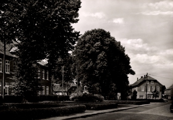 Postcard Esens in East Frisia, street with trees, building, statue, Esens East Frisia