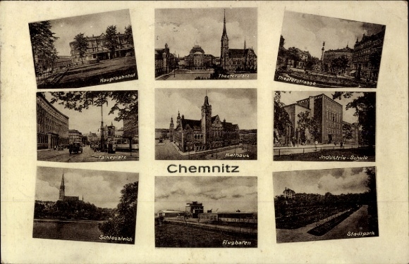 Ak Chemnitz in Sachsen, Verschiedene Ansichten von  Hauptbahnhof, Theater, Industrie-Schule, Flug