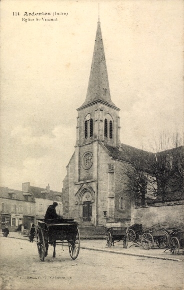 Postcard Ardentes Indre, Church of St. Vincent, city view, carriage, architecture