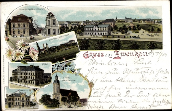 Chromo-Litho Zwenkau in Saxony, Pegauer Platz, school, church, town hall, war memorial