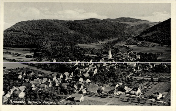Postcard Wagenschwend Limbach im Odenwald Baden, aerial view, village view, church, mountains in the background
