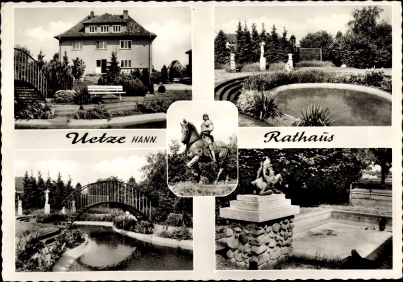 Postcard Uetze in Lower Saxony, town hall, equestrian statue, pond, pond bridge